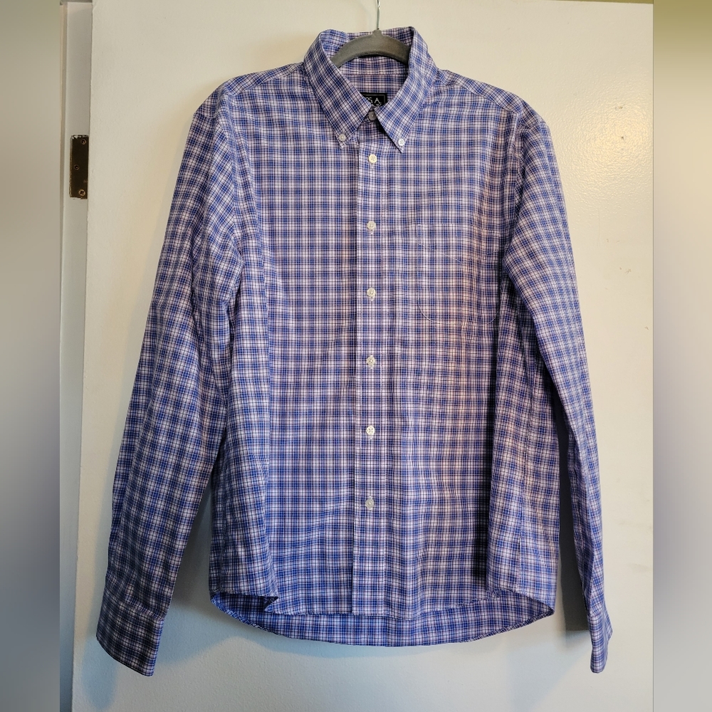 M's L Jos. A Bank Slim Fit Traveler Dress Shirt in Blue/Purple Plaid